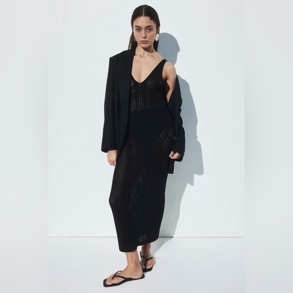 H&M Dresses & Skirts - H&M LIMITED EDITION CROCHET-LOOK DRESS Size L NWOT  Black Knit Midi Length